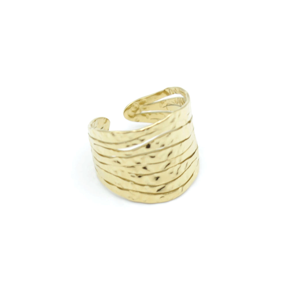 Anillo Marble acero inoxidable dorado, diseño de lineas juntas oscilando en conjunto. - delacabra