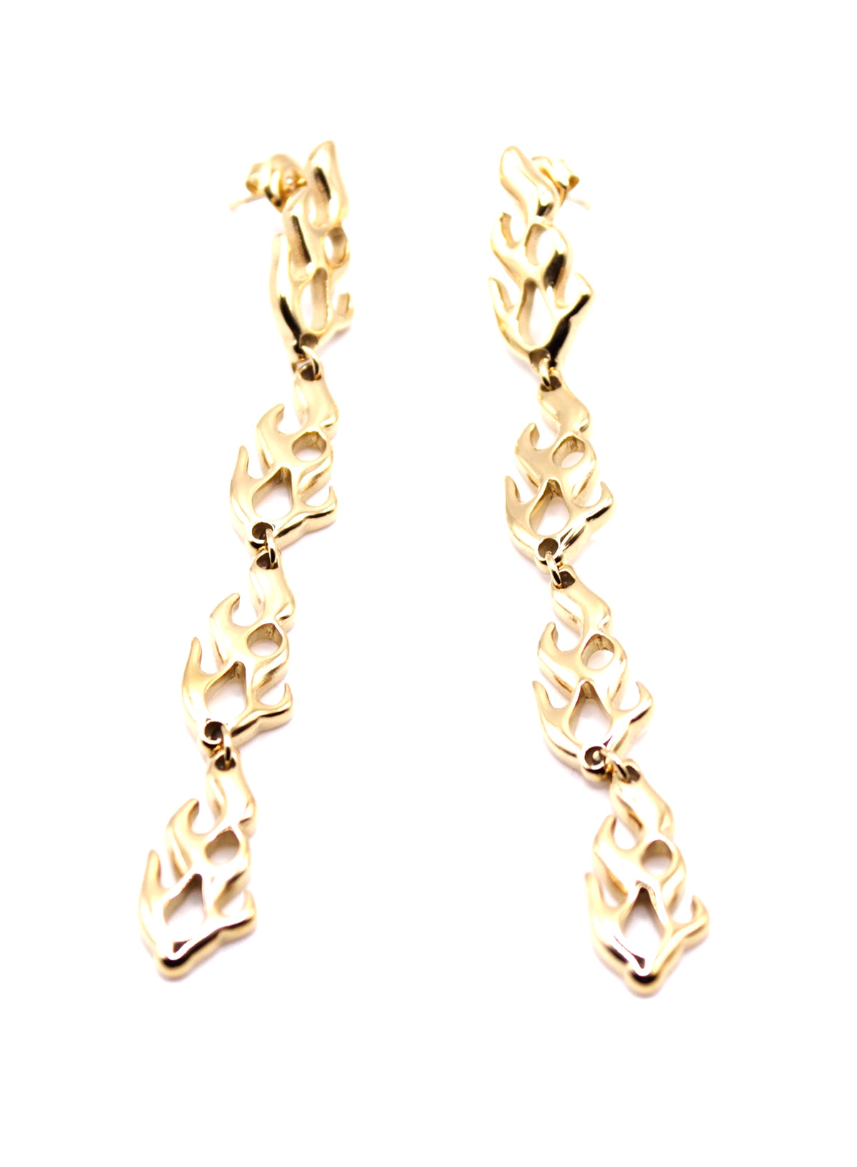 Pendientes Up In Flames acero inoxidable dorado, largos inspirados en las llamas, acabado brillante, ligeros y con cierre a presión tipo mariposa. - DELACABRA