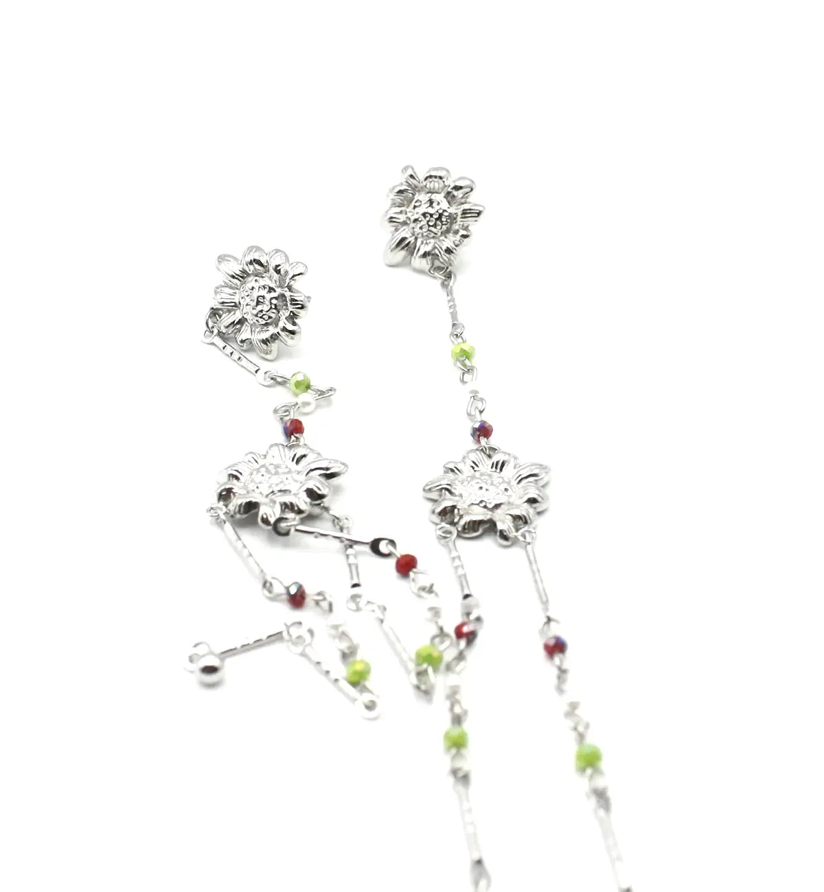 Pendientes jara acero inoxidable plateado, cierre mariposa, bolas de colores de resina natural. Delacabra