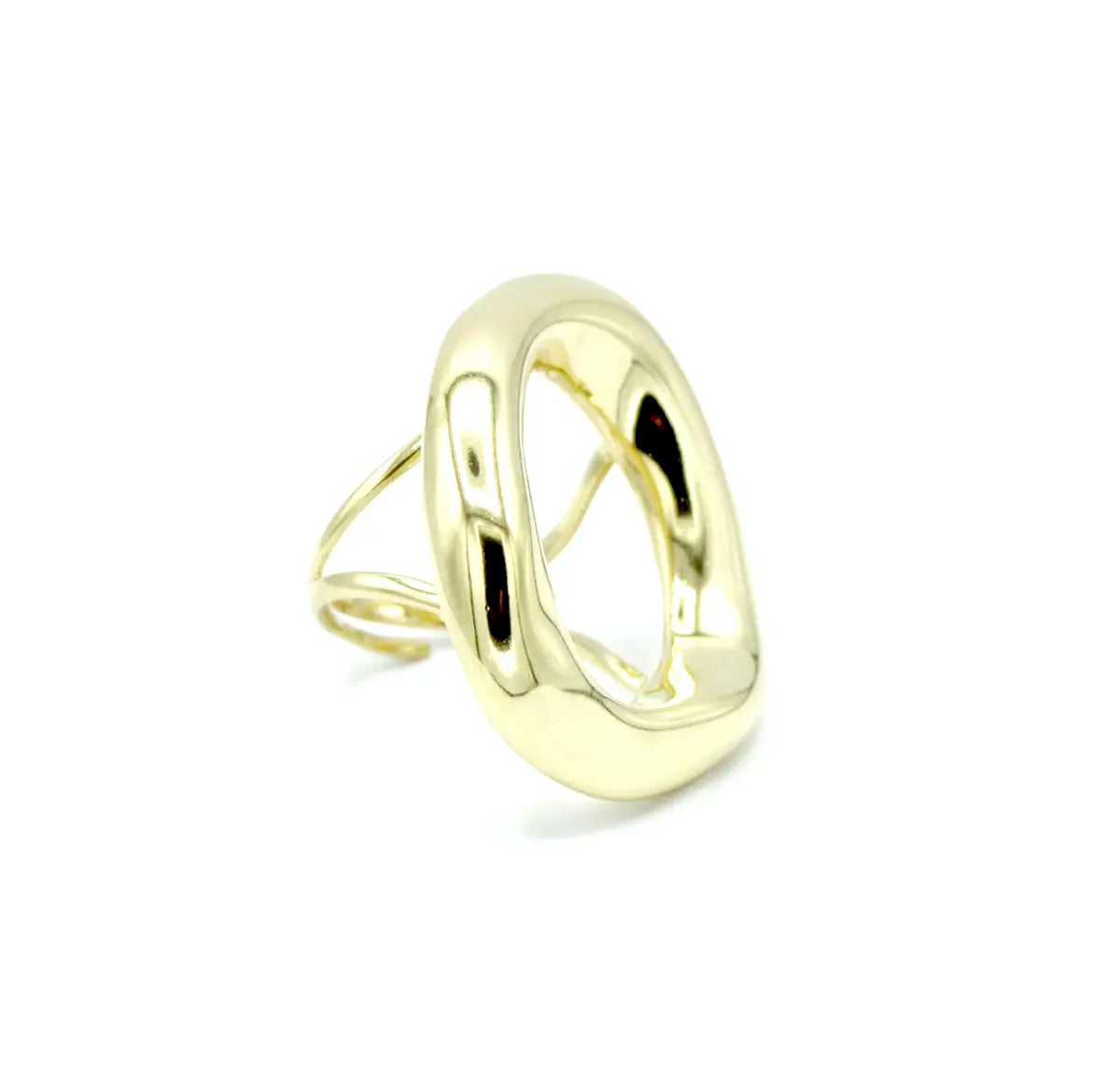 Anillo dorado Saturno de acero inoxidable ajustable con diseño abierto ovalado, acabado brillante y estilo moderno para mujer. DELACABRA