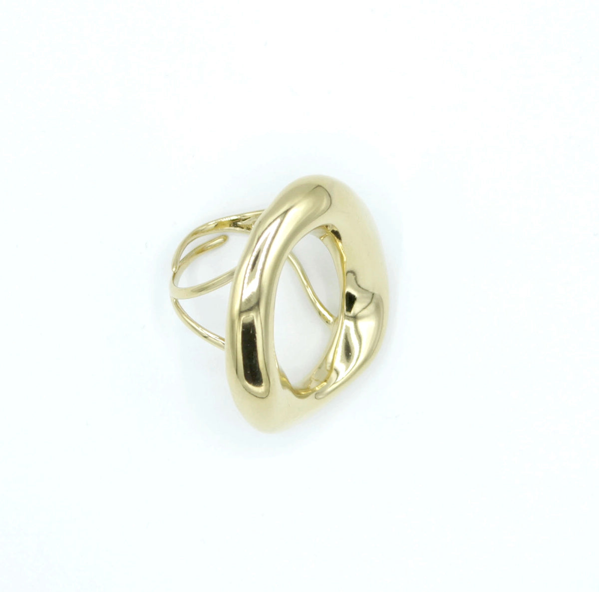 Anillo dorado Saturno visto desde arriba, diseño ovalado abierto en acero inoxidable pulido