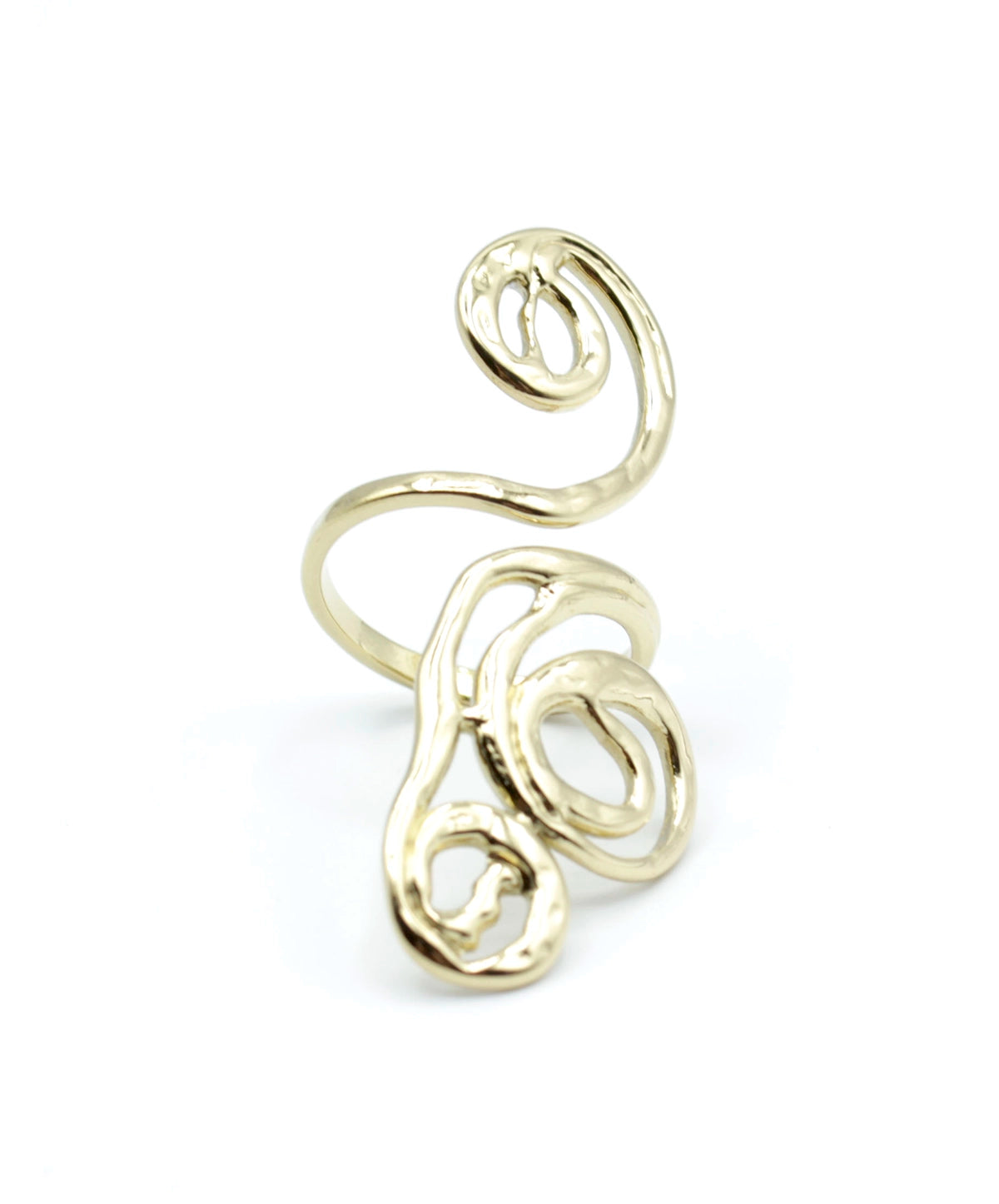 Anillo Lumière ajustable dorado en acero inoxidable. Vista frontal con espirales doradas, cómodo y con diseño ligero