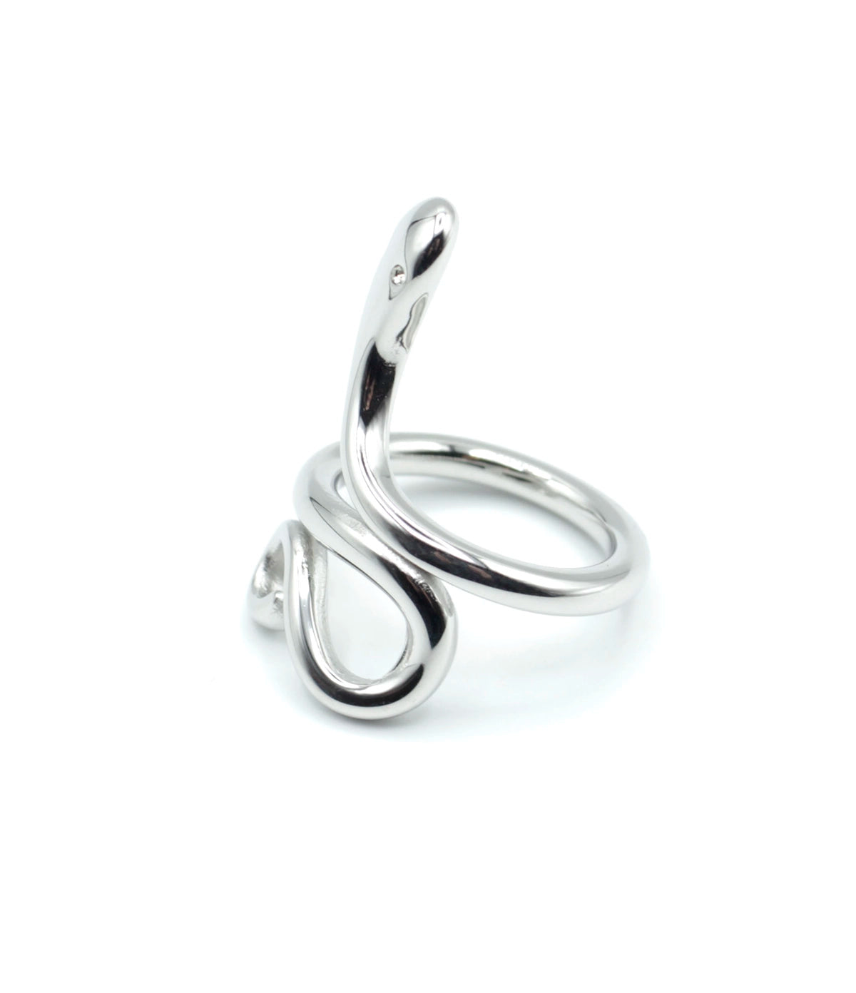 Anillo snake ajustable de acero inoxidable plateado, vista lateral. Forma serpenteante moderna y cómoda