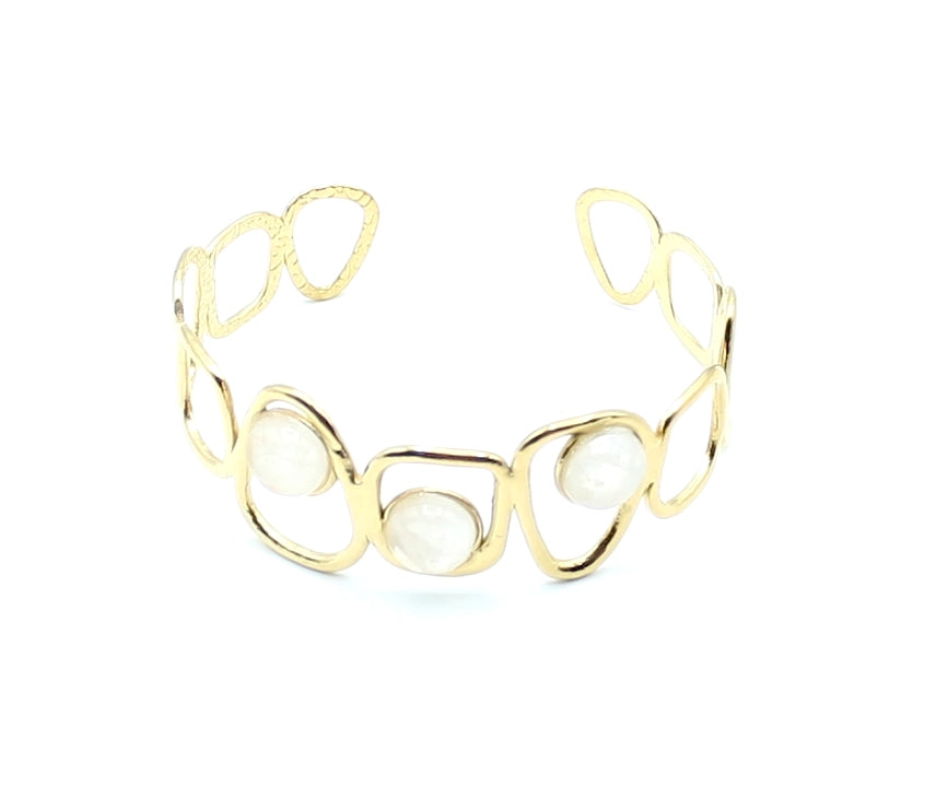 Brazalete Dolce acero inoxidable dorado ajustable diseño moderno y elegante con tres puntos de resina blanca - DELACABRA