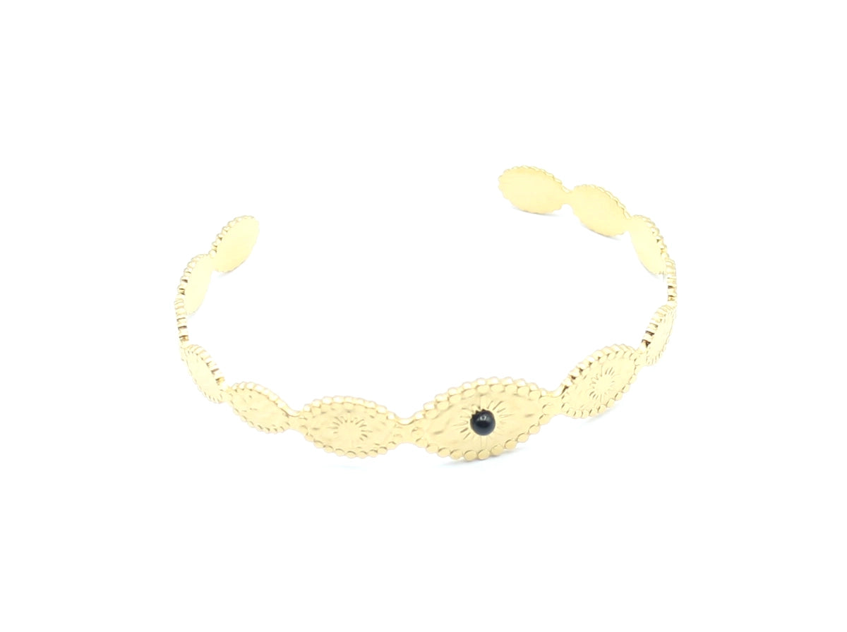 Brazalete Onde de acero inoxidable dorado ajustable, estructura abierta con labrado de soles -DELACABRA