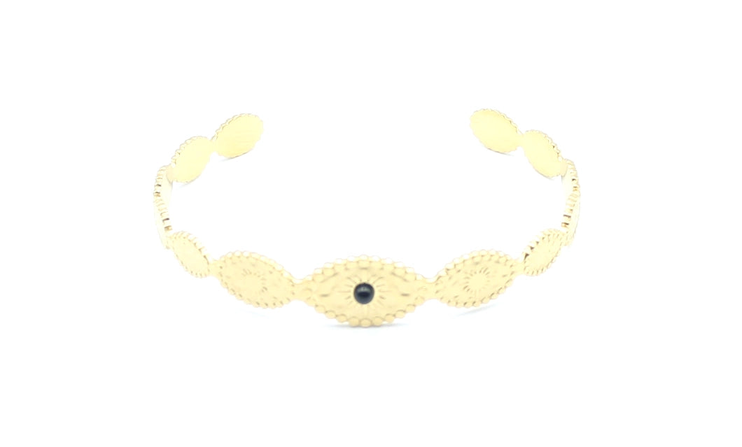 Brazalete Onde de acero inoxidable dorado, estructura abierta con labrado de soles -DELACABRA