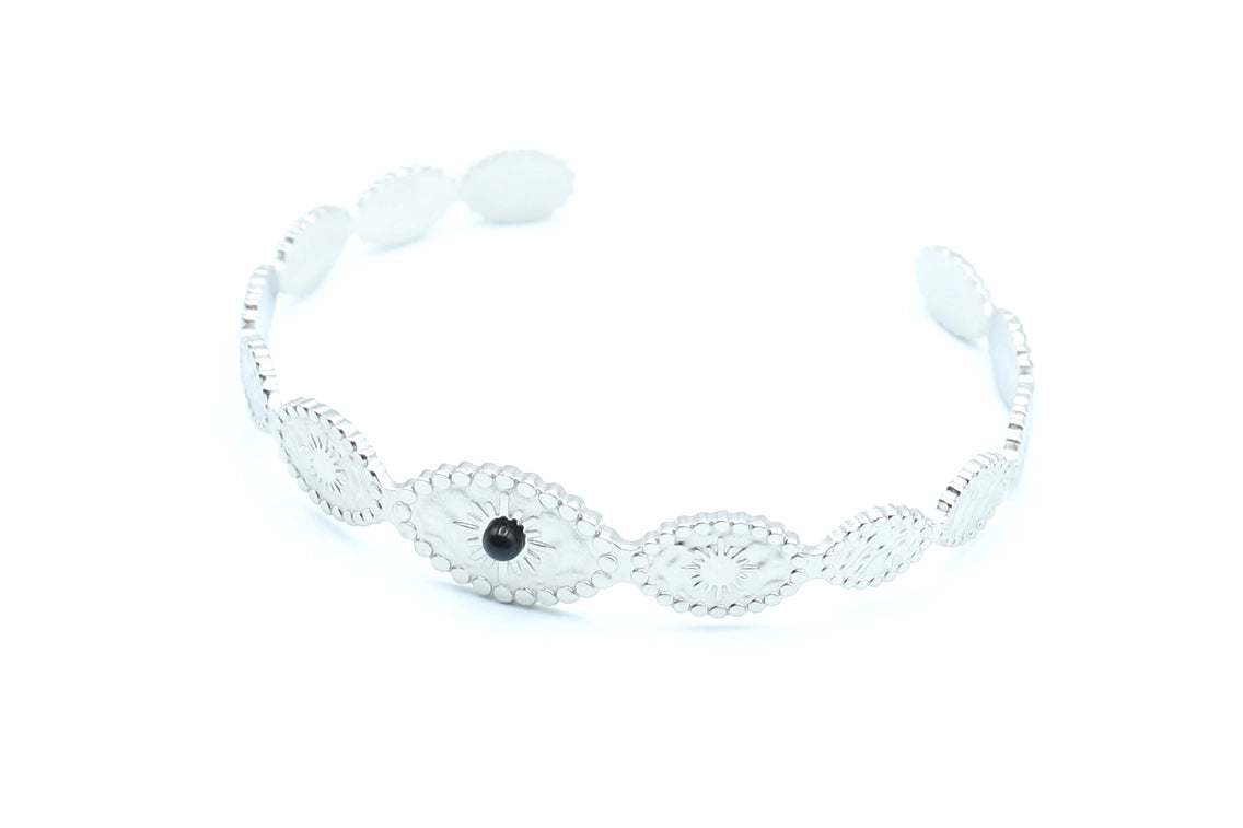 Brazalete Onde de acero inoxidable plateado ajustable vista diagonal -DELACABRA