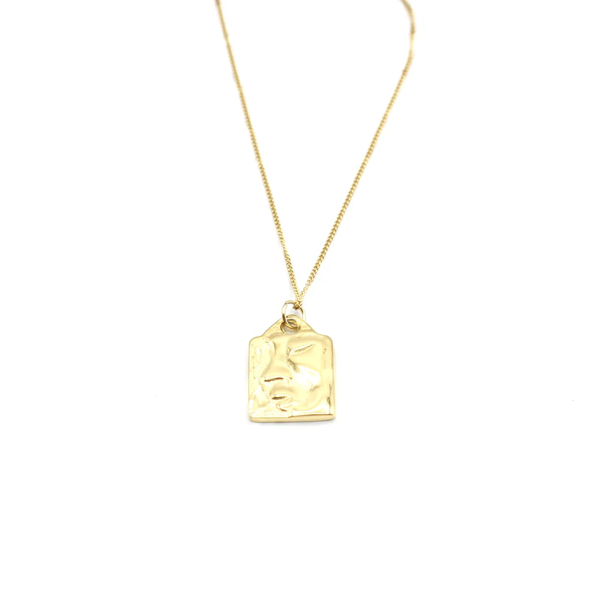 Collar de acero inoxidable dorado con dije rectangular y relieve de rostro artístico.
