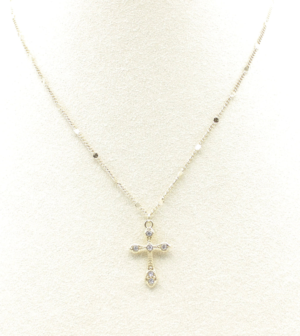 Collar Cross acero inoxidable dorado en busto de tela, collar con detalles planos delicados - delacabra