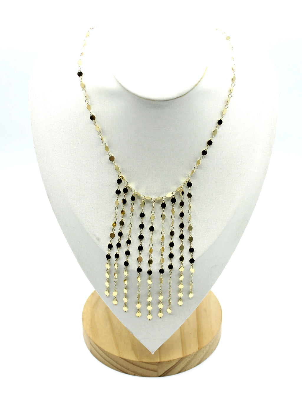 Collar Fireflies acero inoxidable dorado en busto blanco, collar con mucho brillo ideal para escotes y cuellos V - delacabra
