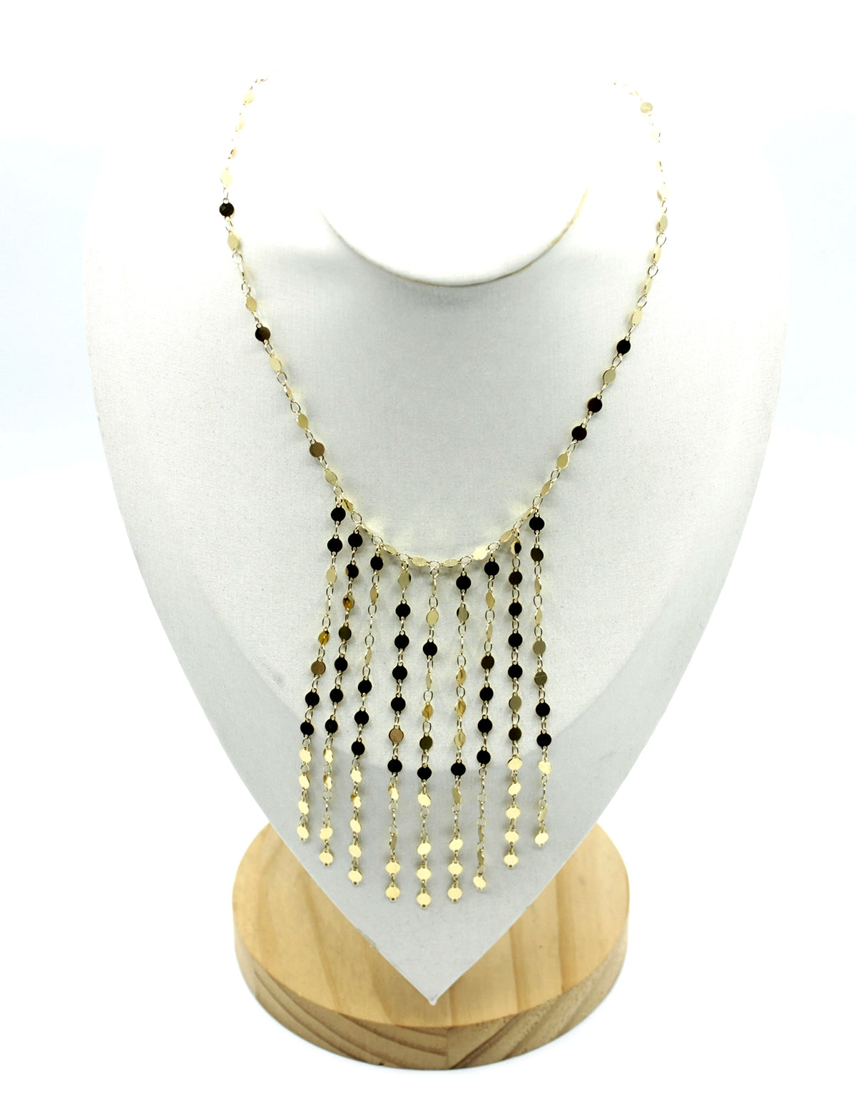 Collar Fireflies acero inoxidable dorado en busto blanco, collar con mucho brillo ideal para escotes y cuellos V - delacabra