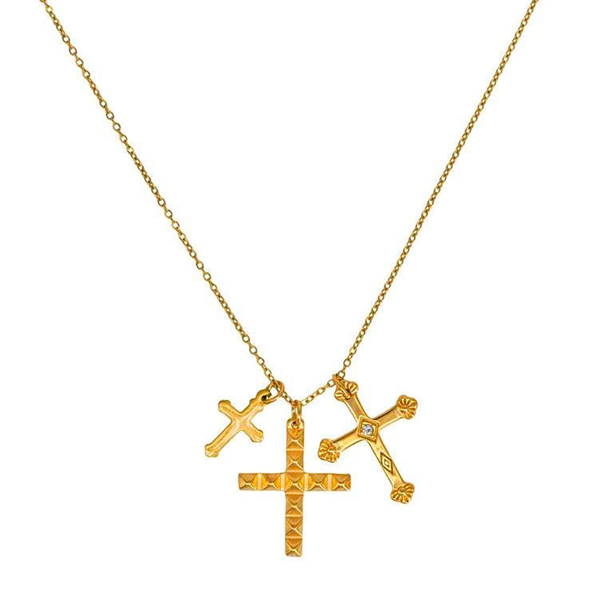 Collar Multicruz acero inoxidable dorado tres cruces con los detalles en relieve y una circonita blanca - DELACABRA