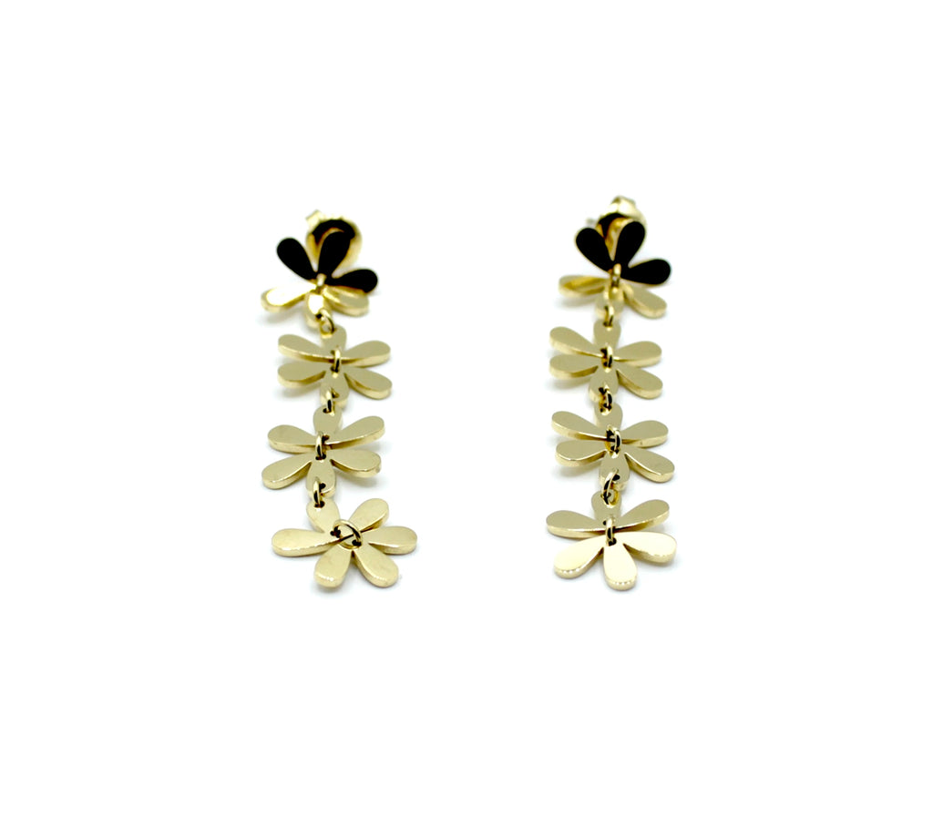 Pendientes Primavera dorados de acero inoxidable con diseño colgante de flores enlazadas, hipoalergénicos, resistentes al agua y duraderos, cierre presión mariposa - DELACABRA