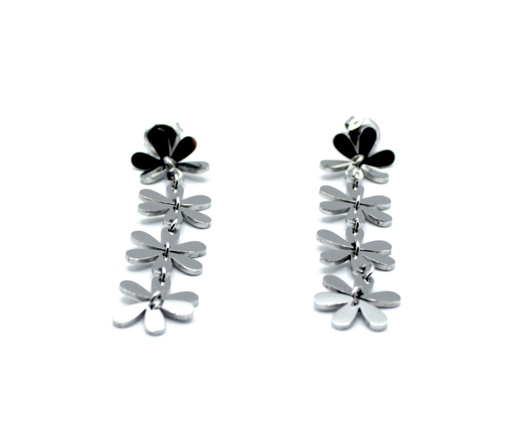 Pendientes Primavera plateados de acero inoxidable con flores enlazadas en cascada, hipoalergénicos, resistentes al agua y duraderos, cierre presión mariposa - DELACABRA