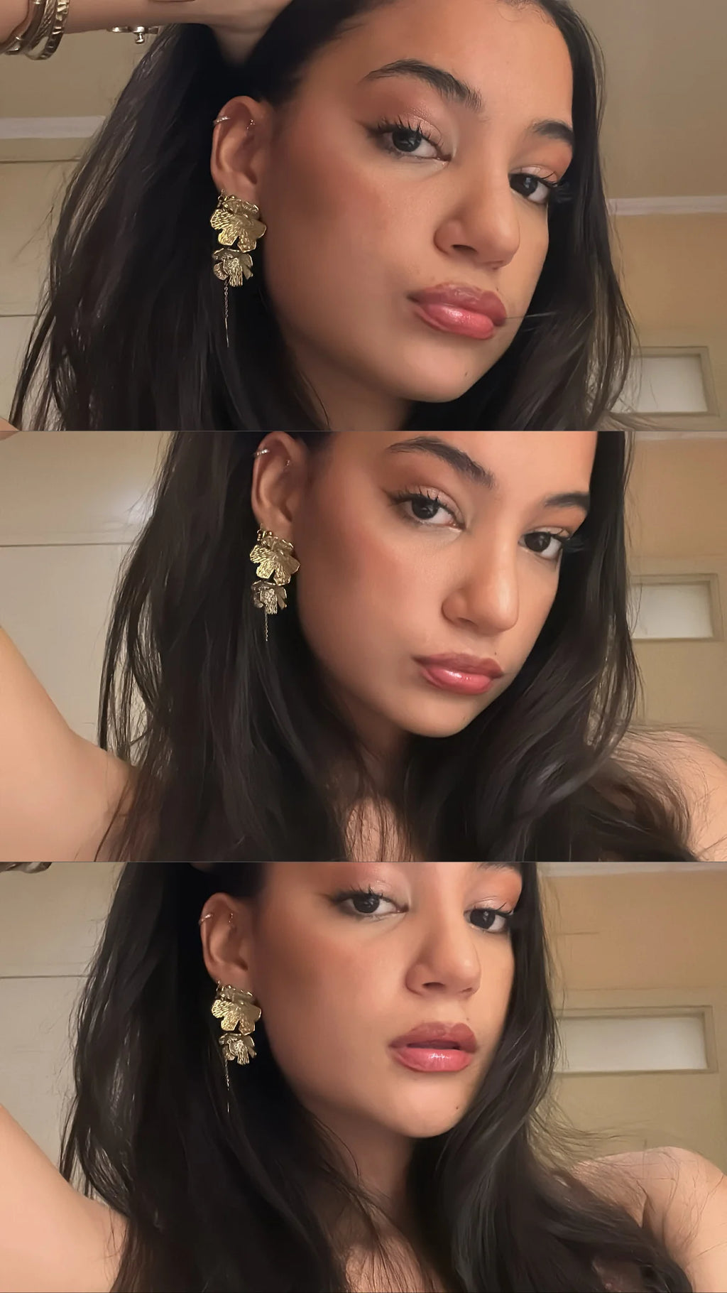 Pendientes Alma acero inoxidable dorado, mujer luce los pendientes en una imagen compuesta por tres fotos, estilo y elegancia. Delcabra