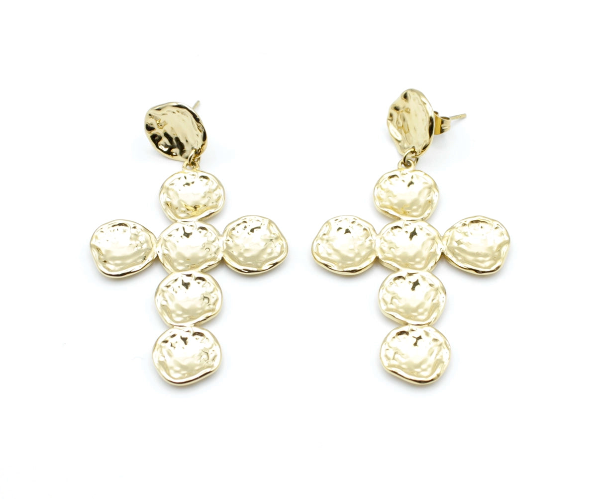 Pendientes Imperio acero inoxidable dorado, vista frontal, inspiración simbólica y eterea, diseño mezcla tradicional y moderno. - DELACABRA