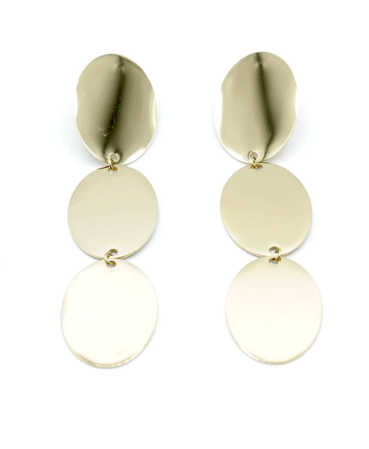 Pendientes Martini dorados en acero inoxidable con diseño geométrico minimalista de tres discos, hipoalergénicos, resistentes al agua y duraderos-DELACABRA