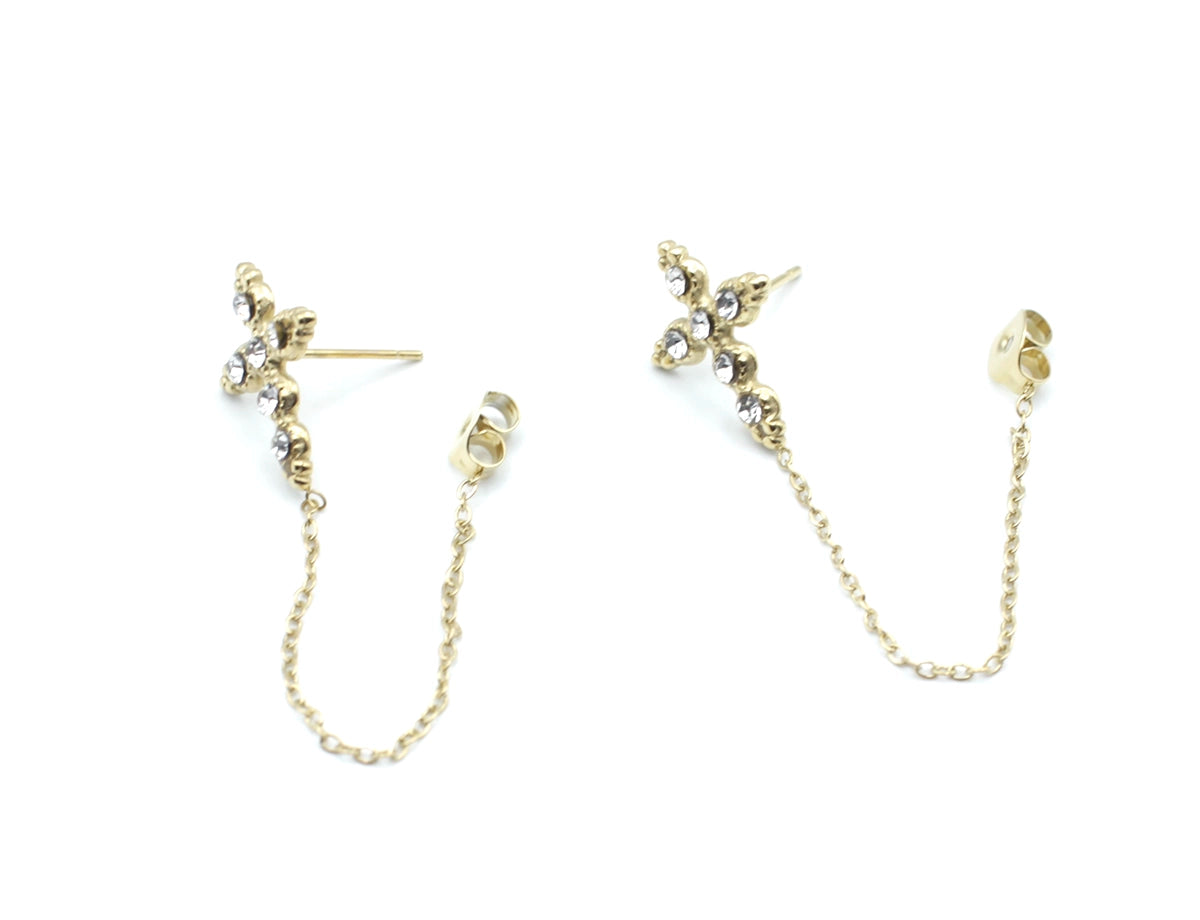 Pendientes Santo acero inoxidable dorado diseño en forma de cruz con circonita y con una cadena fina unida al cierre de mariposa. - DELACABRA